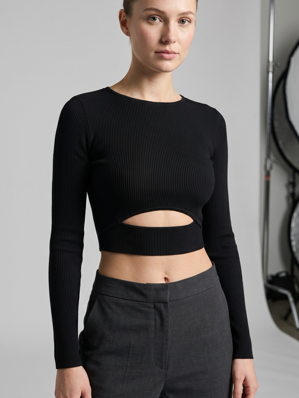 Forever 21 Black Ribbed Long-Sleeve Cutout Crop Top